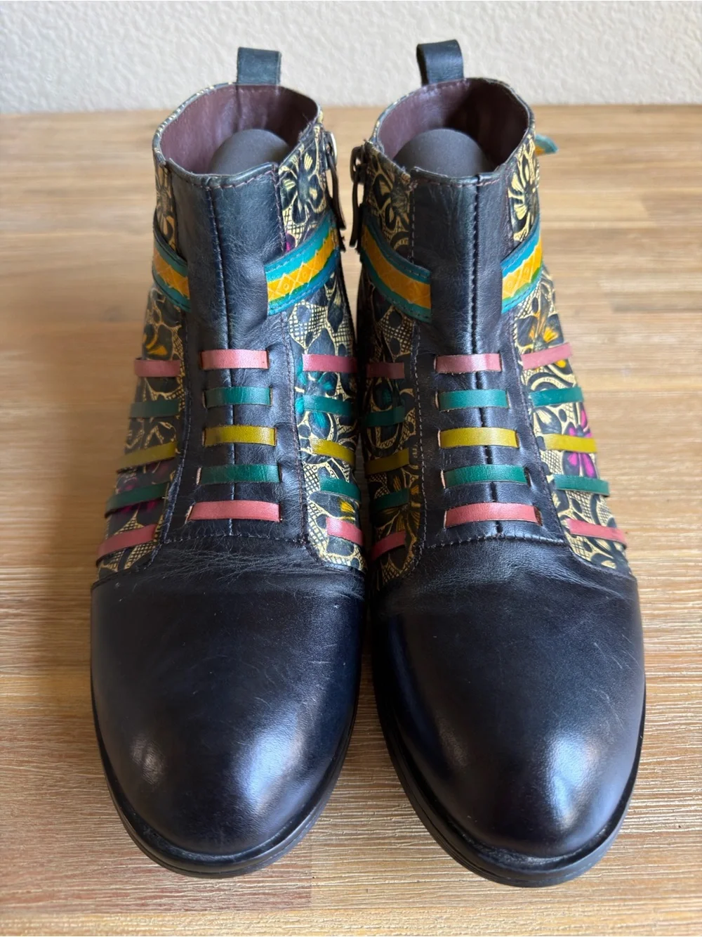Socofy Women Artsy Leather Ankle Boots Multicolor Boho Chic Hippie Booties US 11